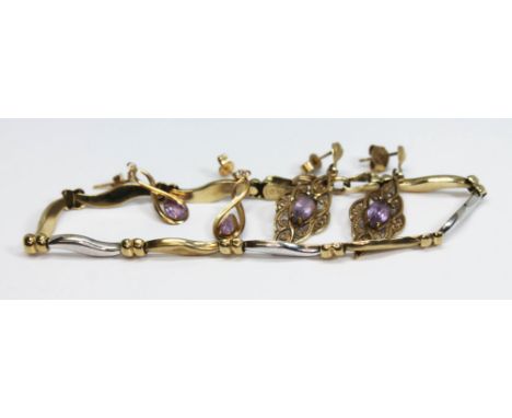 Two pairs of amethyst drop earrings, one pair marked '375', together with a two colour 9ct gold bracelet length 19cm, gross w