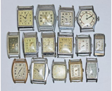 A group of 15 Art Deco wristwatches, various manufacturers, all as found.  