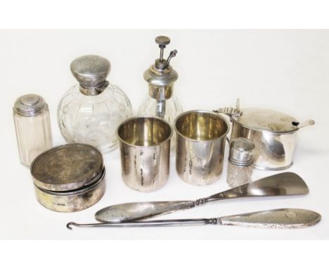 A box of mixed hallmarked silver to include an atomiser, scent bottle, trinket box, silver topped glass, a mustard, silver ha