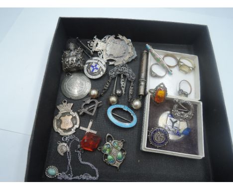 A selection of HM silver and white metal jewellery, most stamped silver including Loyal Service brooch, enamelled medalion an