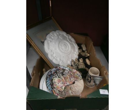box inc signed watercolour, chess set and collectable plates etc