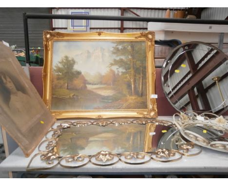 gilt framed print, 1 other and 3 retro mirrors