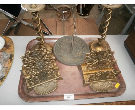 tray inc pair of brass letter racks, candlesticks and a sundial