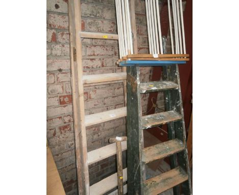 2 pairs of wooden step ladders, vintage spade and clothes airer