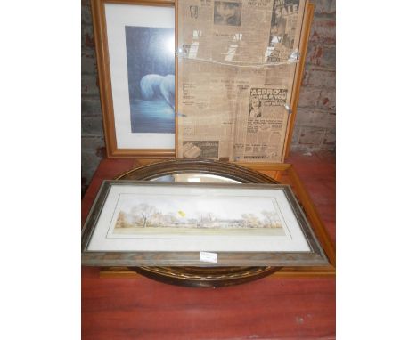 oval bevel edge mirror, watercolour and signed print etc