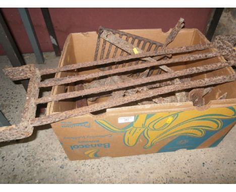 box of metalware inc axe head and gate hinges etc