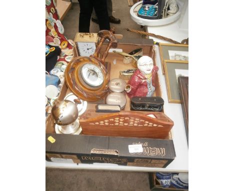 box of collectables inc barometer, silver topped box and desk tidies etc