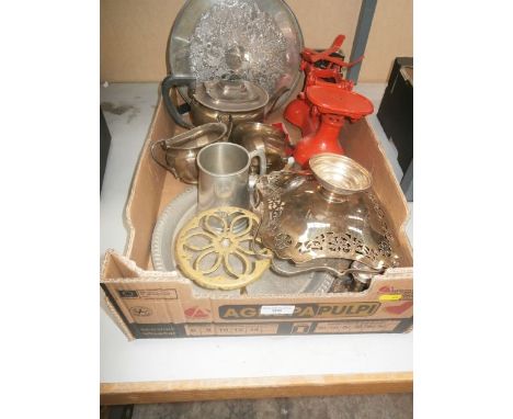 box of metalware inc scales and trivet etc