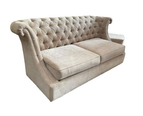 Grande wing back sofa bed, upholstered in beige buttoned fabric, metal action pull out double bedDimensions: Height:&nbsp;92c