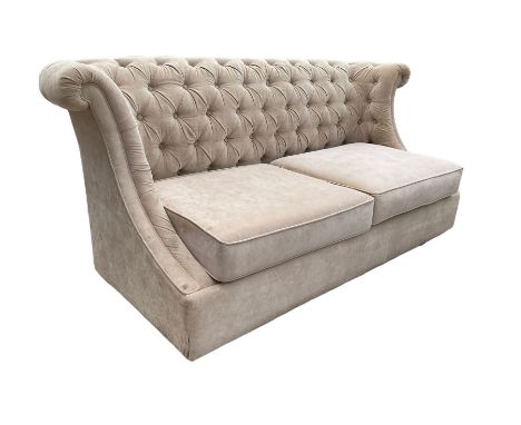 Grande wing back sofa bed, upholstered in beige buttoned fabric, metal action pull out double bedDimensions: Height:&nbsp;92c