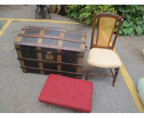 Mixed furniture to include a vintage trunk, early 20th century walnut side chair, foot stool and a red ground rug 