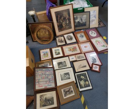 A mixed collection of prints to include Daphne Sandham 19th century prints, together with an 1880 sampler Location: SL 
