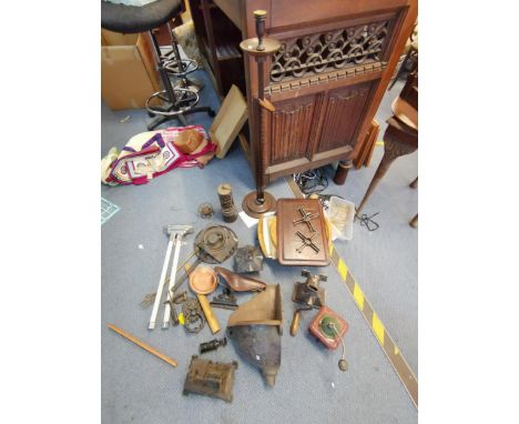 A mixed lot to include a small Art Nouveau cast iron sewing machine, lanterns, coffee grinders, a Brooks competition bike sad