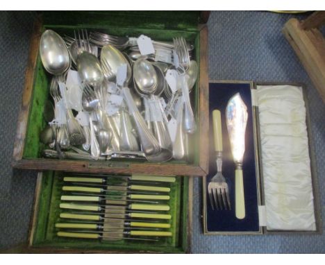 A 19th century oak canteen containing mixed silver plated cutlery and a cased fish knife and fork 