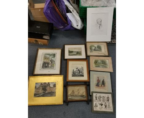Six watercolours, together with a pen and ink study of a knife grinder of Perriers 1830, Sydney Strube sketches, pencil portr