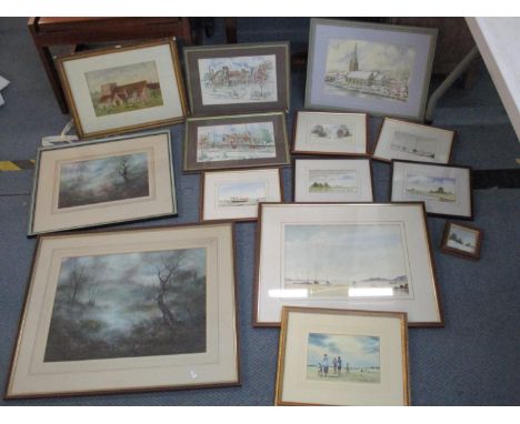 Two paintings by Dave Aldus, together with a watercolour study of 'All Saints Marlow', six watercolours by K Day, and five va