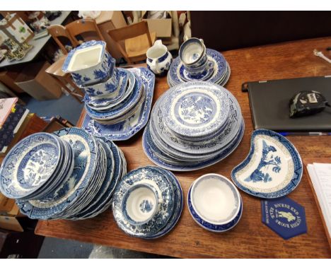 A mixed collection of blue and white china to include Wedgwood, Booths, Royal Worcester, Burleigh ware etc Location: Rostrum 