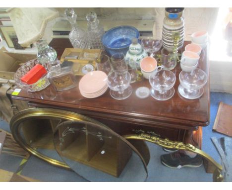 A mixed lot to include an Elwells table lamp, West German vase, glass cutlery rests, three mirrors, large perfume bottle and 