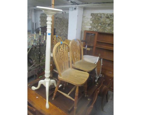 A mixed lot of furniture to include a painted torchere stand, standard lamp, seven chairs and two mirrors 