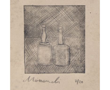 Attributed to Giorgio Morandi (1890 - 1964), etching, 2 bottles, signed in pencil, no. 7/20, image 3" x 2.5",  mountedPaper d