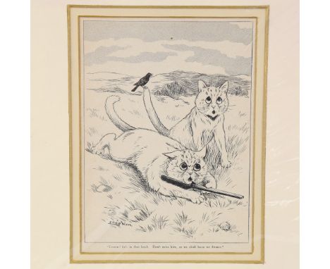 Louis Wain, lithograph, "Listen, he's in that bush", signed in the plate, image 8" x 6", mountedSlight paper discolouration 