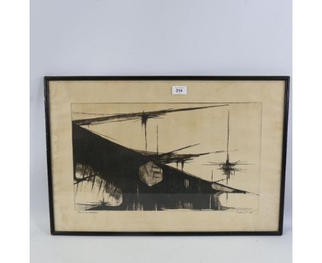 French School etching, abstract study, indistinctly  signed in pencil dated '71, artist's proof, image 11" x 19", framedWater