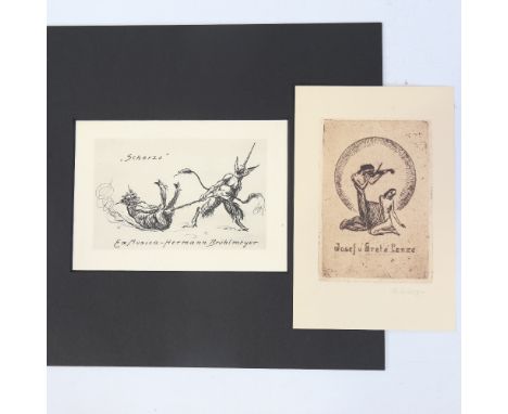 Margarette Schneider-Reichel (1891 - 1944), German Expressionist School etching, 2 devils playing, image 3.5" x 5.5", and ano