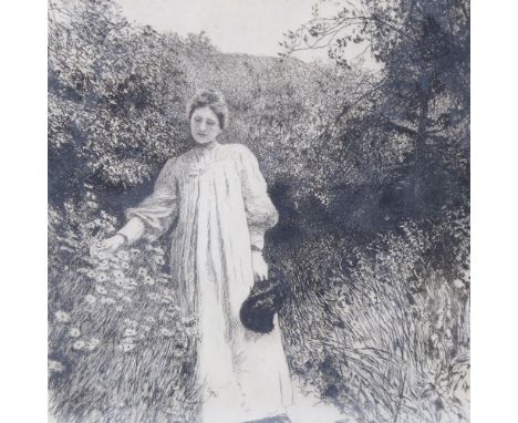 Hubert Von Herkomer (1849 - 1914), etching, girl in flower garden, 1891, signed in the plate, image 10.5" x 8", framedSlight 