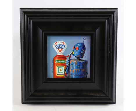Raymond Campbell (born 1956), oil on panel, Robot Petrol Fix, signed and dated 2019, 4" x 4", framedVery good untouched condi