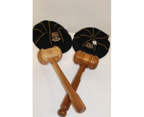 Two wooden mallets &amp; two vintage school caps 
