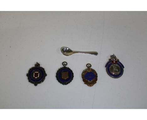 Four hallmarked silver &amp; enamel medals &amp; silver mustard spoon 