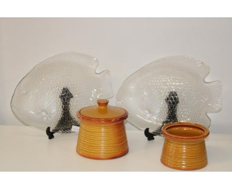 Two large glass fish platers &amp; vintage pottery items 