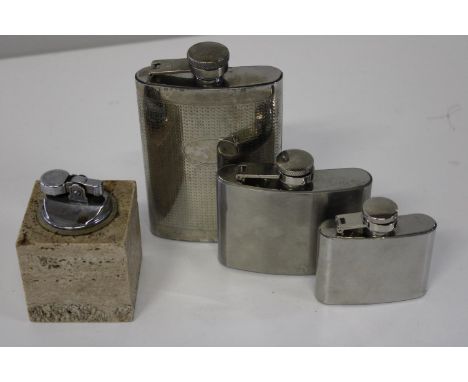 Three vintage hip flasks &amp; a table lighter 