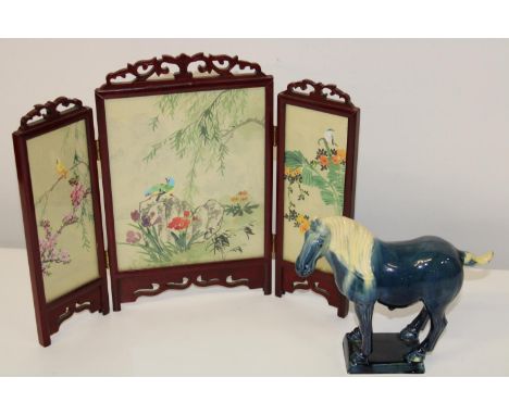 A Oriental table screen &amp; ceramic Tang horse 