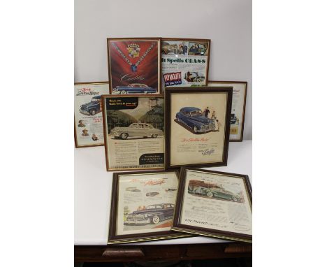 A selection of assorted automobile related framed prints 