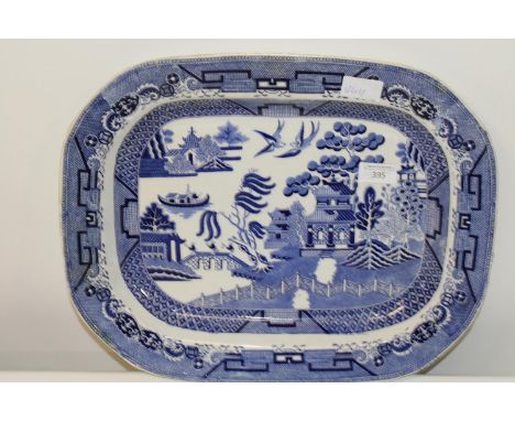 A vintage blue &amp; white willow pattern meat plate 43x35cm 