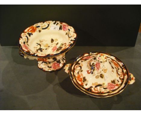 A Masons Ironstone Mandalay twin handled pedestal bowl, 15 x 27cm, together with a conforming vegetable tureen and cover with