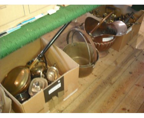 A mixed lot of metalwares, including brass warming pan with turned ebonised handle, EPNS part-tea service, two brass preserve