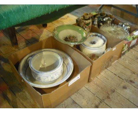 A mixed lot, including an Edwardian chamber pot and toilet basin, pressed glass tazza, glass salts, a prattware tazza, stainl