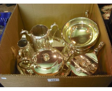 A mixed lot of silver plate, including a lidded jug of wasted angular handled form, decorated with stylized floral reserves i