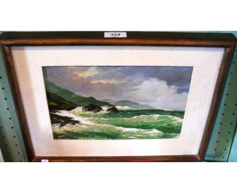 Julio Amaro, seascape with waves breaking against a rocky headland.  Oil on board, signed, 19 x 28cm.
