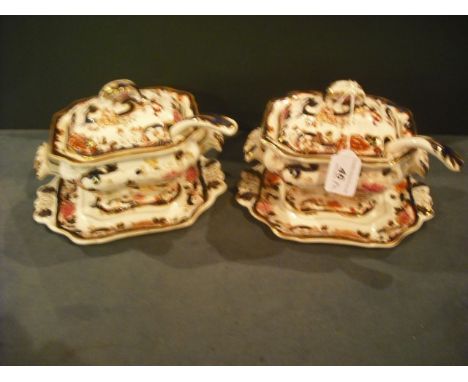 A pair of Masons Ironstone Mandalay twin handled sauce tureens and covers, each of rectangular form with ladle and stand, 13 