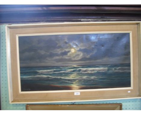 A Beardsley, a moonlit seascape with clouds breaking over the surf, oil on canvas, signed, 39.5 x 79cm in white painted frame
