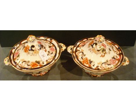 A pair of Masons Ironstone Mandalay twin handled vegetable tureens and covers, each having floral basket finial and moulded h