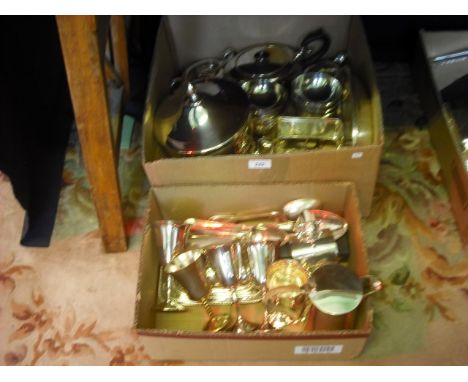 Two boxes of silver plate, including tablespoons, goblets, part-tea service, sugar scuttle and other items, various dates and