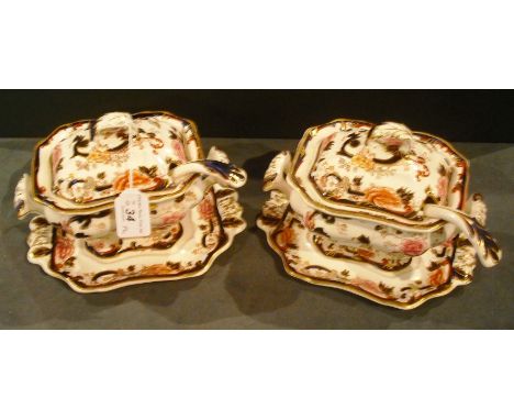 A pair of Masons Ironstone Mandalay twin handled sauce tureens and covers, each of rectangular form with ladle and stand, 13 