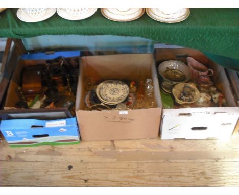 Three boxes containing a mixed lot, including small copper kettle, brass candlesticks, trivet, decanters, Wade dishes, each f