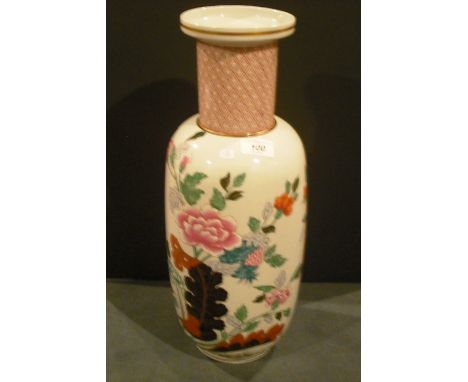 A contemporary Portuguese ceramic vase, having flared rim, elongated neck and cylindrical body, decorated with flowers in the