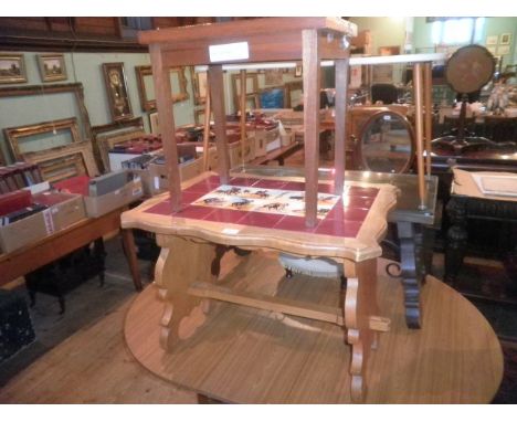 Five small pieces of furniture, including a Spanish tile topped coffee table, footstool and four other occasional tables.