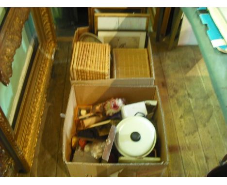 Two boxes containing various items, including an early 20th century ivory paper knife, two small wicker baskets, a Stratton c